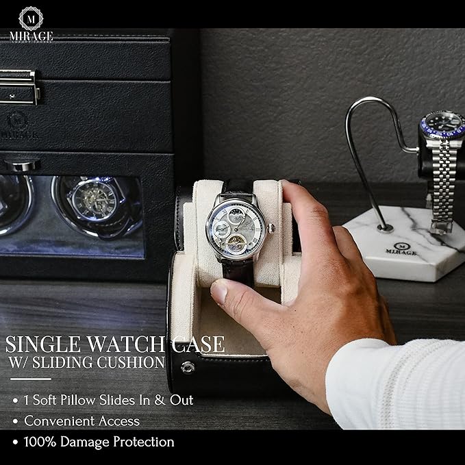 Black/Ivory - 1 Watch Travel Case for Men - Single Watch Case Storage - Gift Idea Travel Accessory - Jade Black/Ivory - Mirage Watch Roll Cases Vegan Leather