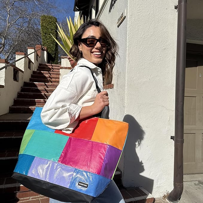 Rareform Large Zippered Blake Tote Bag | One-of-a-Kind, Water-Resistant, Recycled Billboard Vinyl | Color and Pattern Vary