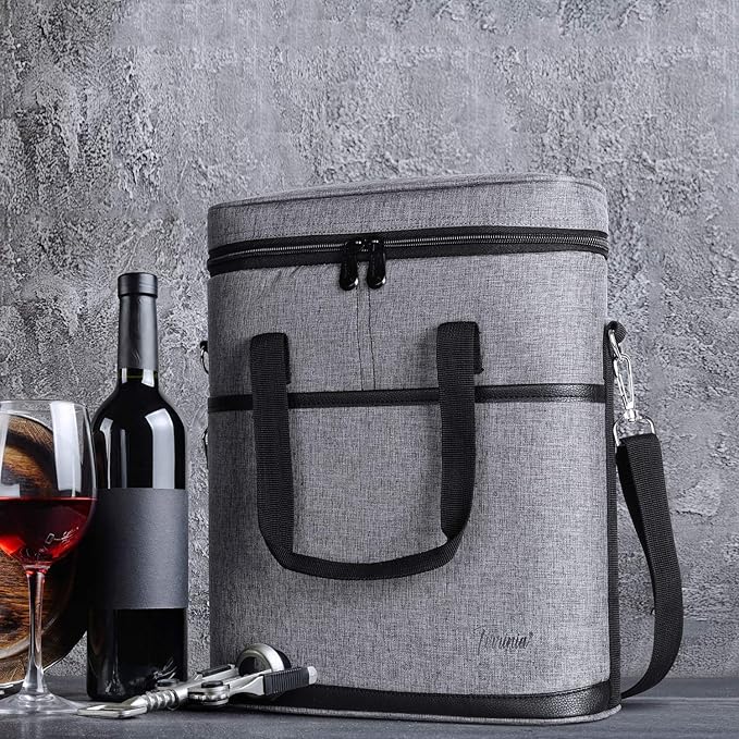 Tirrinia Insulated Wine Gift carrier - 3 Bottle Travel Wine Carry Cooler Tote Bag with Handle and Adjustable Shoulder Strap, Grey