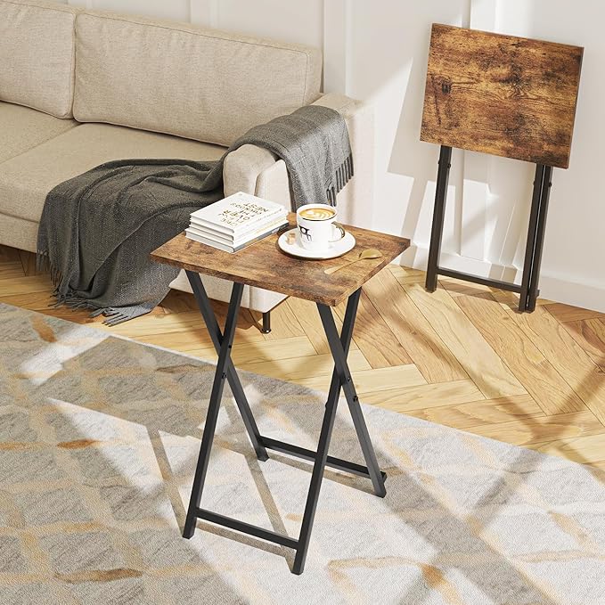 Foldable TV Trays, Small Folding Table, TV Trays Set of 2, TV Dinner Tray, Side Table for Bed, Couch, Portable Easy to Move, Brown