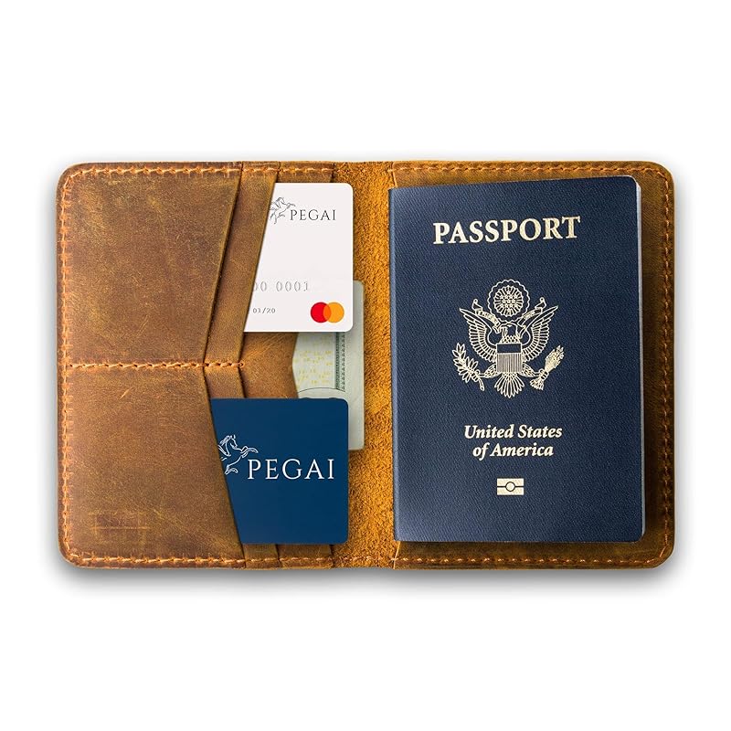 PEGAI Personalized Leather, Passport Holder For Travel | Handmade Passport Wallet Cover Case | Travel Document Holder, Passport Cover for Men, Women, and Family | Pike (Cinnamon Brown)