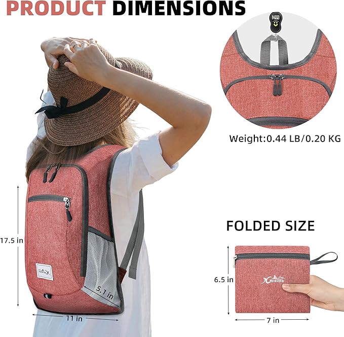 Foldable Travel Daypack - 10L Lightweight Backpack for Women & Men (Red) - Camping & Hiking
