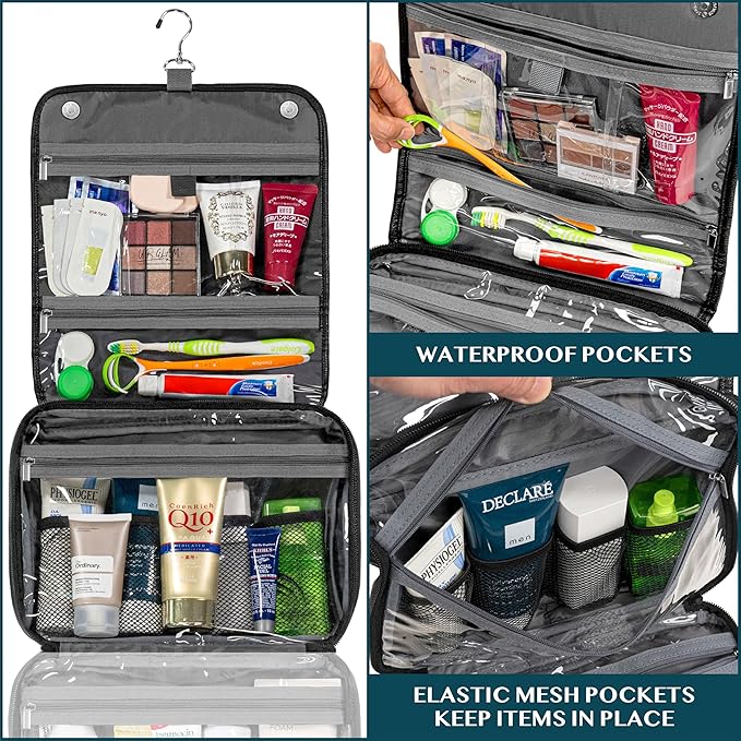 PAVILIA Hanging Toiletry Bag Women Men, Foldable Cosmetic Organizer Travel Bag, Water Resistant Makeup Bag Toiletries, Large Travel Essentials Kit (Black)