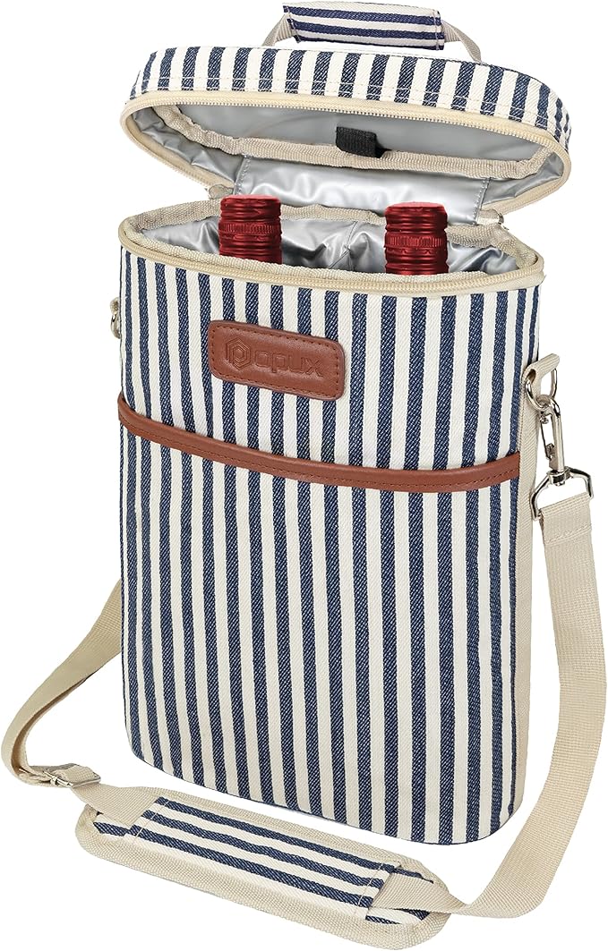 opux 2 Bottle Wine Carrier Tote, Insulated Leakproof Wine Cooler Bag, Wine Travel Bag for Picnic BYOB Beach, Portable Wine Bottle Carrying Case, Gift for Wine Lover Women Men Christmas,Stripe