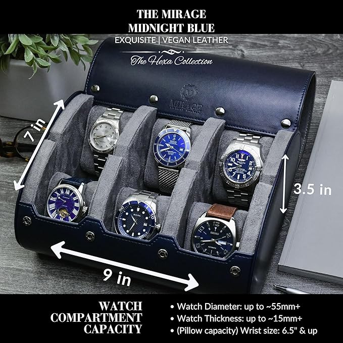 Watch Roll Case for Travel 6 slot Watches Organizer - Midnight Blue