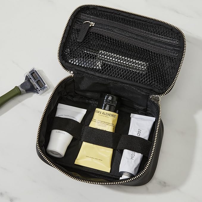 Leatherology Cognac Small Travel Organizer - Zipped mesh storage pocket, elastic loops for organization, compact travel size