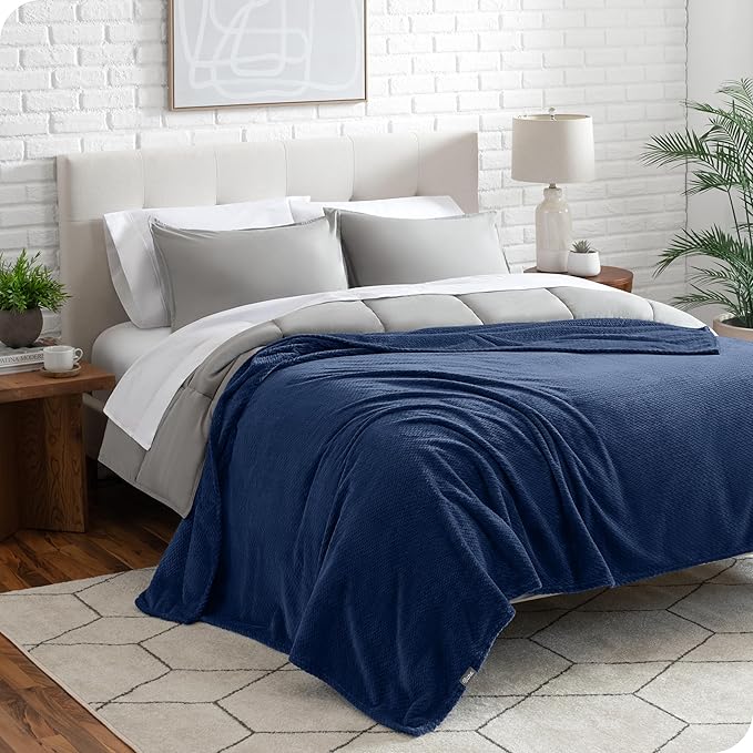 Bare Home Textured Fleece Blanket - Full/Queen - Ultra-Soft Lightweight for Bed, Sofa, and Couch - Luxury Microplush - Cozy Warm Blanket (Full/Queen, Chevron Dark Blue)