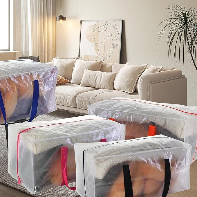 8 Pack Heavy Duty Extra Large Moving Bags with Multicolor Handles, Waterproof Foldable Storage Totes, Clothing Storage Bags, Packing Moving Boxes for College Supplies & Seasonal Storage, Clear
