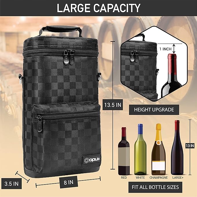 opux Wine Bag 2 Bottle Wine Tote Carrier, Insulated Wine Cooler Bag for Travel Picnic, Leakproof Portable Bottle Padded Case, Wine Gifts For Women Men Wine Lovers Christmas, Black
