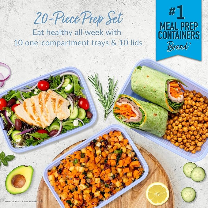 Bentgo 20-Piece Lightweight, Durable, Reusable BPA-Free 1-Compartment Containers - Microwave, Freezer, Dishwasher Safe - Periwinkle