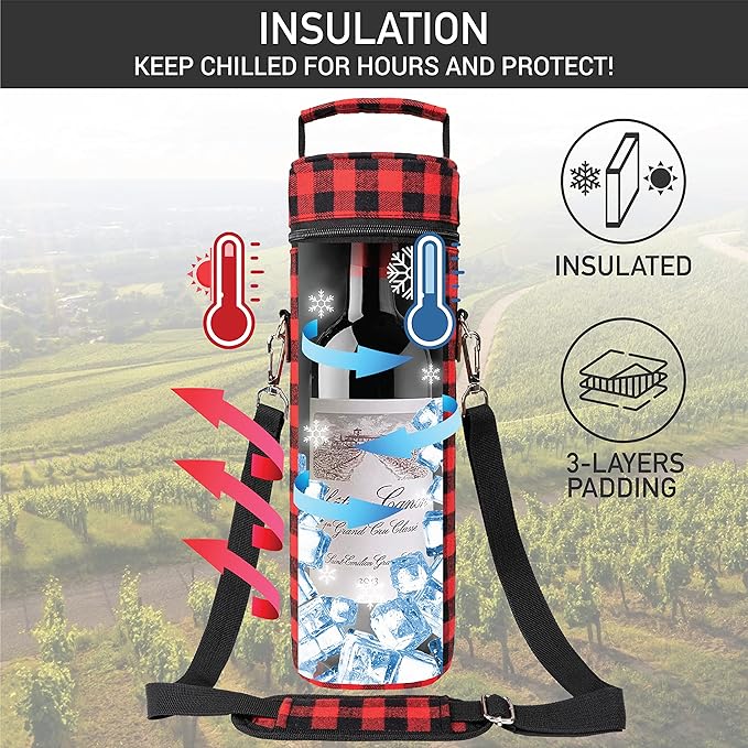 opux Wine Bag Single Bottle Carrier Tote, Insulated Wine Cooler Bag for Travel Picnic Beach with Shoulder Strap, Thermal One Bottle Holder Carrying Case Wine Gift for Women Men, Plaid Buffalo Red