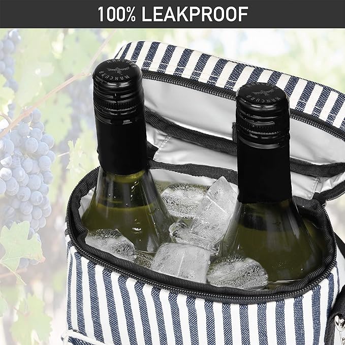 opux Wine Bag 2 Bottle Wine Tote Carrier, Insulated Wine Cooler Bag for Travel Picnic, Leakproof Portable Padded Case, Wine Gifts For Women Men Wine Lovers Christmas, Navy White Stripes