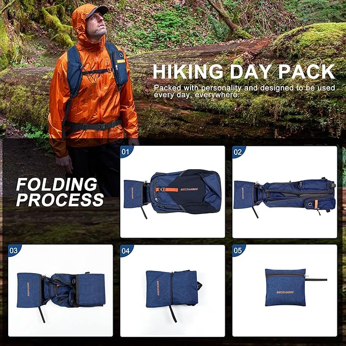 15L Small Hiking Backpack for Men Women Foldable Packable Back Pack Ultralight Hiking Daypack for Travel Camping Outdoor, Navy Blue