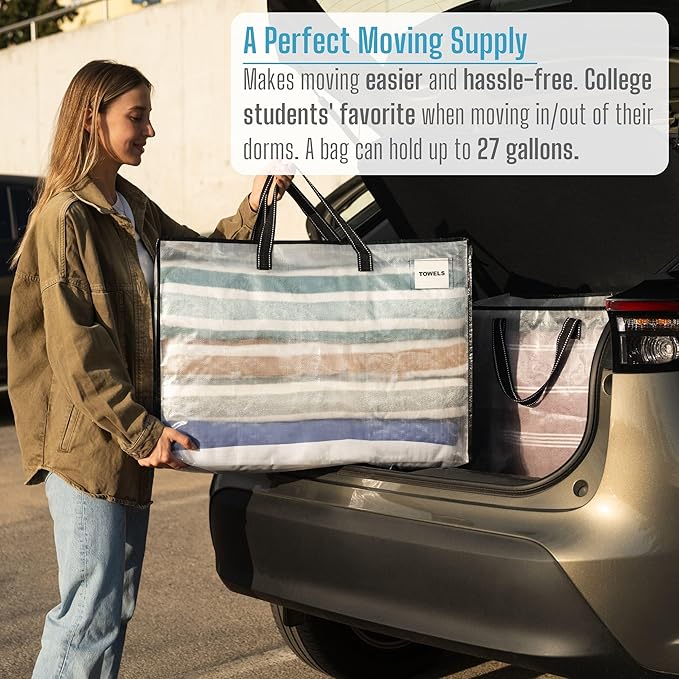 VENO 6 Pack Heavy Duty Moving Bags, Storage Bags, Packing Supplies, Top Zipper, Storage Totes for Camping, Clothes, Bedding, Comforters, Pillows (27 Gallon Clear, 6 Pack)
