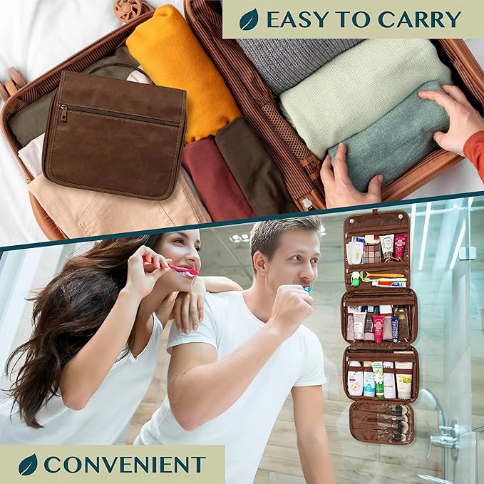 PAVILIA Hanging Toiletry Bag Women Men, Foldable Cosmetic Organizer Travel Bag, Water Resistant Makeup Bag Toiletries, Large Travel Essentials Kit (Dark Brown)