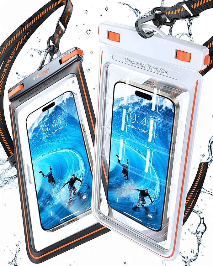TORRAS 2 Pack IPX8 Waterproof Phone Pouch Floating, Underwater Screen Touchable, Waterproof Phone Case with Lanyard for iPhone 16 Pro Max 15 14 13 S25 Ultra S24, Cell Phone Dry Bag 7.0", Black & White