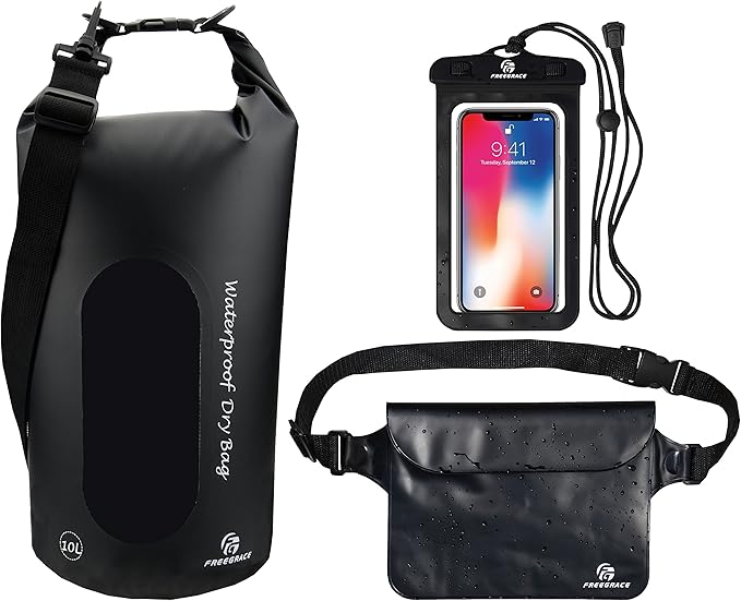 Freegrace Waterproof Dry Bags Set of 3 Dry Bag with 2 Zip Lock Seals & Detachable Shoulder Strap, Waist Pouch & Phone Case - Can Be Submerged Into Water - for Swimming (Black(Window), 10L)