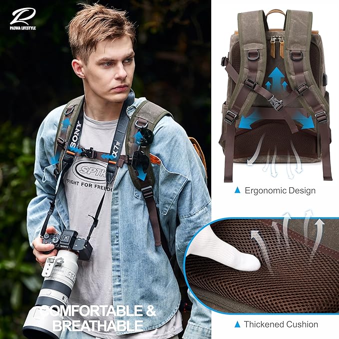 Padwa Lifestyle Coffee Camera Backpack - Weather Resistant Waxed Memory Canvas Camera Backpacks for Photographers,Multi DSLR SLR Camera Bag with 16” Laptop & Lens Compartment and Tripod Holder