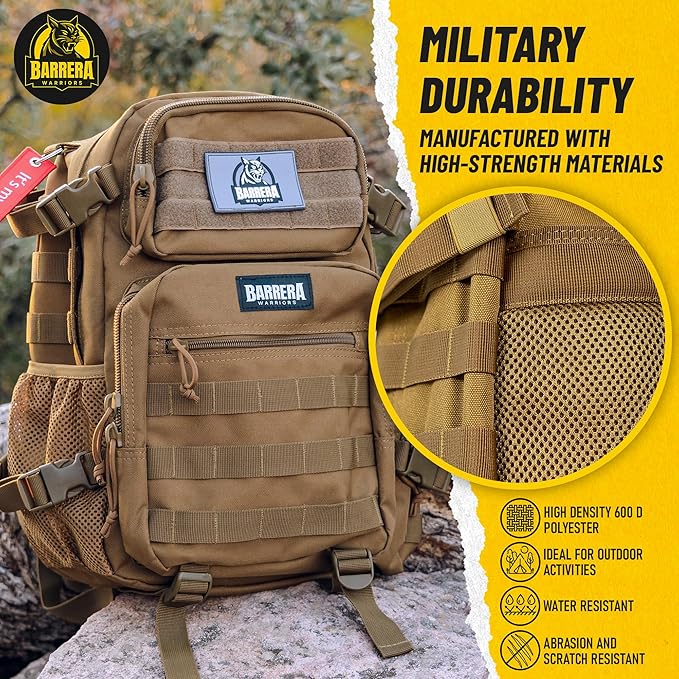 25 L Tactical Backpack: durable military-style backpack with MOLLE system for everyday use, travel, gym, hiking, fishing, camping, and outdoor sports.(COYOTE BROWN 25L)
