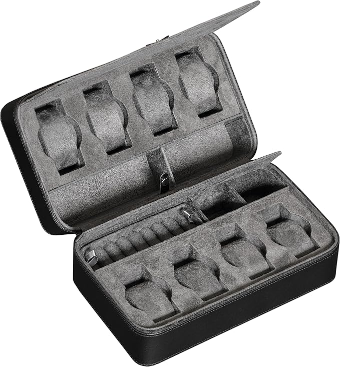 ROTHWELL 8 Watch Travel Case Storage Organizer for 8 Watches, Sunglasses, Rings & Cufflinks |Tough Portable Protection with Zipper Fits Most Wristwatches & Smart Watches Up to 50mm (Black/Grey)