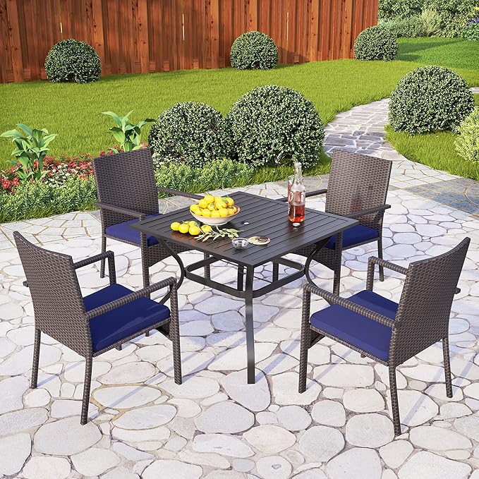 PHI VILLA 4 Pieces Patio Cushioned Rattan Chairs, Outdoor Modern PE Wicker Dining Armchair with Removable Cushions for Deck, Yard, Porch