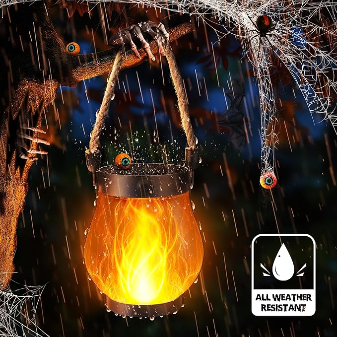 Halloween Solar Flame Lantern Hanging Outdoor Waterproof Purple - 2 Pack Flame Lanterns with Dual Charging Modes of Solar & USB for Garden or Yard Halloween Decorations (Warm White - 1 Pack)