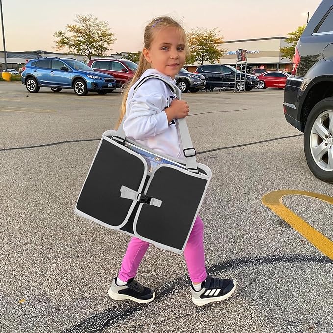 MENZOKE Car Seat Tray for Kids with Large Educational Drawing Board, Tablet Stand & Cooler Cup Holder, Essential for Family Road Trips, Airplane Rides & Daily Commutes, Black
