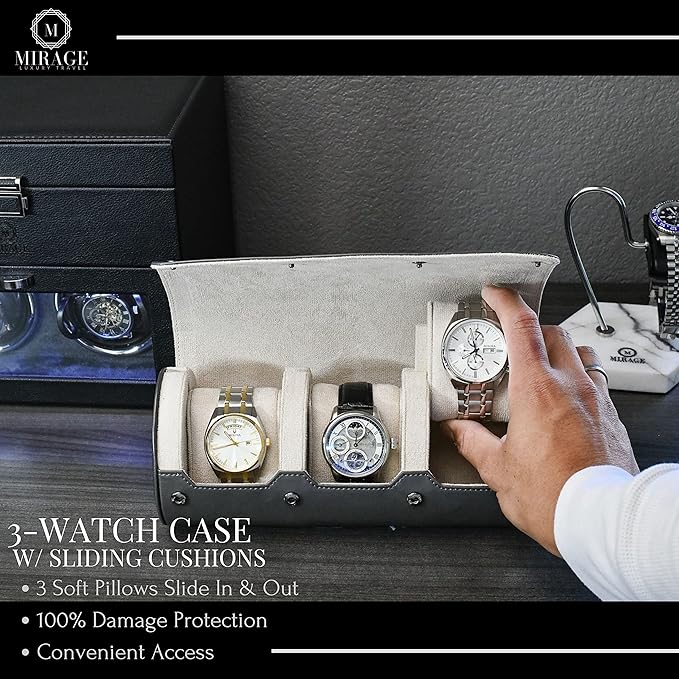 Watch Travel Case for Men - Mirage Watch Roll Storage and Display 3 slots - Slate Grey/Ivory White Interior Vegan Leather
