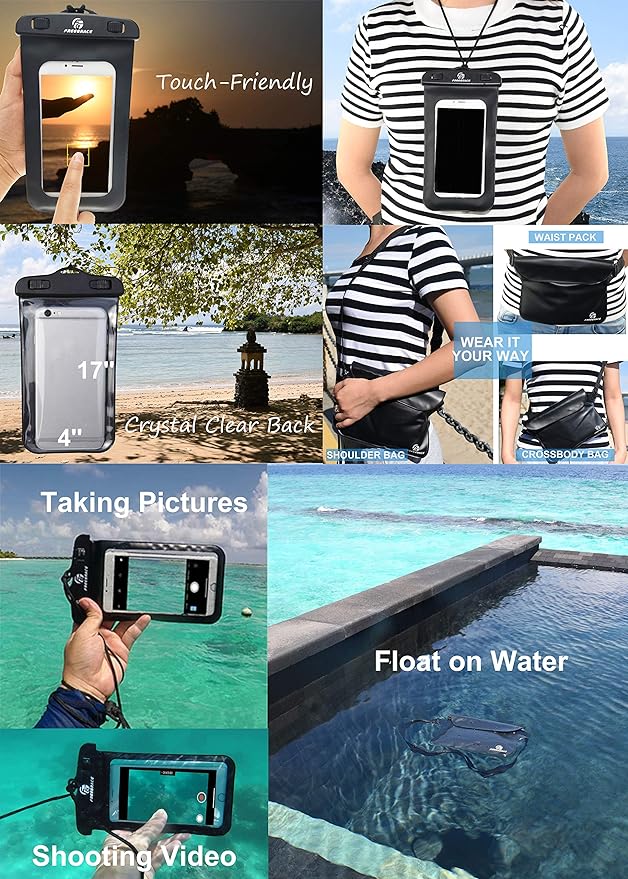 Freegrace Waterproof Dry Bags Set of 3 Dry Bag with 2 Zip Lock Seals & Detachable Shoulder Strap, Waist Pouch & Phone Case - Can Be Submerged Into Water (Black, 20L)
