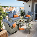 HOOOWOOO Patio Furniture Set,5 Pieces Outdoor Conversation Set,All Weather Wicker Loveseat Sofa Set with High Back Swivel Rocking Chairs Tables,Denim Blue