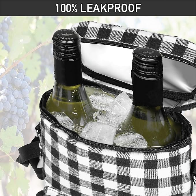 Opux 2 Bottle Wine Tote Carrier, Insulated Cooler Bag for Travel Picnic, Leakproof Padded Case, Wine Gifts for Women & Men, Plaid Buffalo White