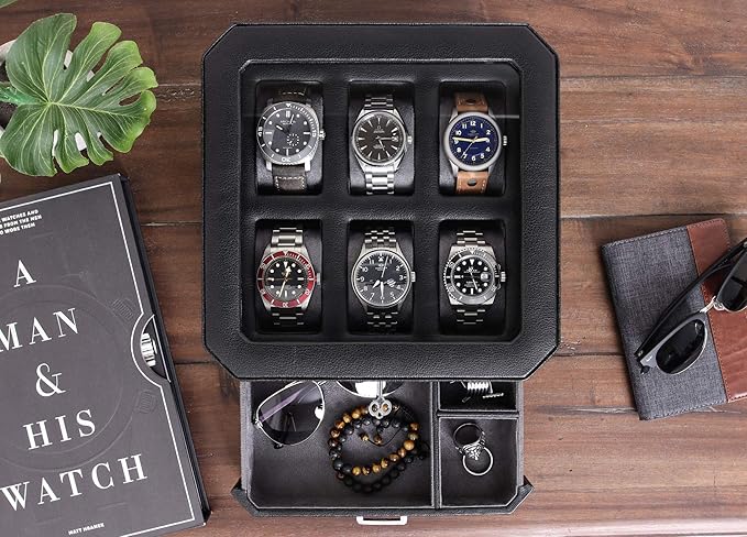 ROTHWELL Gift Box with 6 Slots Leather Watch Box and 2 Watches Travel Case - Storage Box Holder with Glass Top (Black/Grey Gift Box)