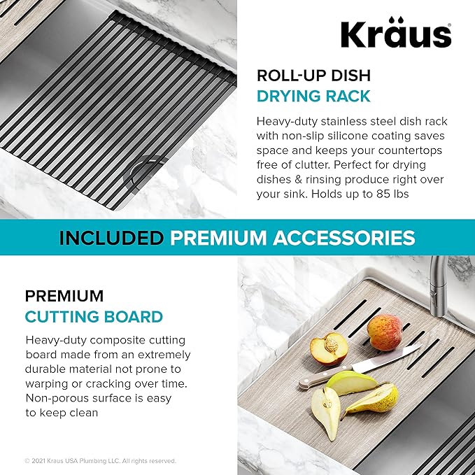 KRAUS Kitchen Sink Bellucci 32” Undermount Workstation Granite, Metallic White, Accessories, KGUW1-33WH
