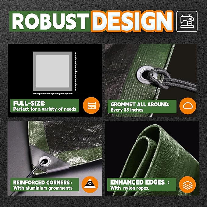 10x20 Feet Tarp Waterproof,9Mil Thick,Finished Size Tarps,UV Resistant,Durable,Multipurpose Poly Tarp Cover with Metal Grommets and Reinforced Edges,Green/Black by RAINDEWAY