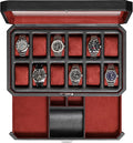 ROTHWELL 12 Slot Leather Watch Box with Valet Drawer - 12 Slot Luxury Watch Case Display Organizer, Microsuede Liner, Mens Accessories Holder, Jewelry Case, Jewelry Display Organizer (Black/Red)