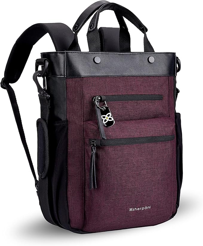 Sherpani Soleil, Anti Theft Convertible Backpack, 3 in 1 Tote Bag, Crossbody Bag, Cross Body Purse, 18L Travel Backpack, Travel Gifts for Women, RFID Protection, Fits 13” Laptop (Merlot Lite)
