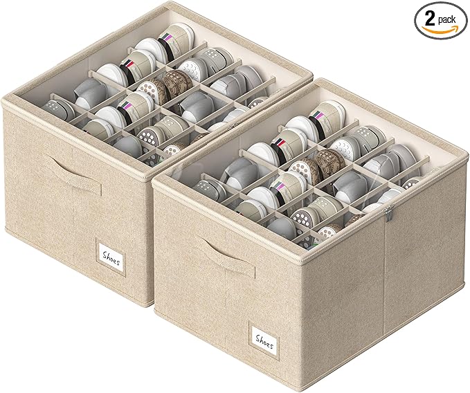 Shoe Organizer for Closet, 2 Pack Sturdy Shoe Storage Bins with Clear Cover, Fits 16-32 Pairs, Foldable Shoe Storage Box with Reinforced Handles (Beige, 19.7 * 15.7 * 12.6in)