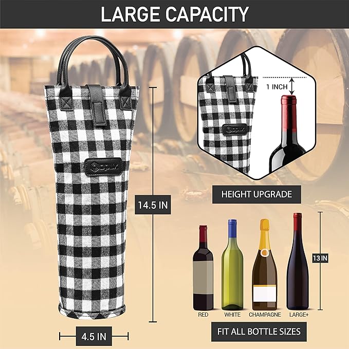 OPUX Wine Bag Single Bottle Carrier Tote, Insulated Travel Wine Cooler Bag for Picnic Beach Gift, Thermal Padded Portable One Bottle Holder Carrying Case for Women Men Wine Lovers, Plaid Buffalo White