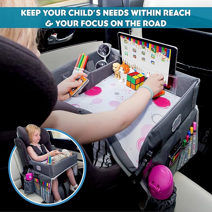 Kenley Kids Travel Tray, Toddler Car Seat Lap Tray, Road Trip Essentials Activity Table (Pink/Gray)