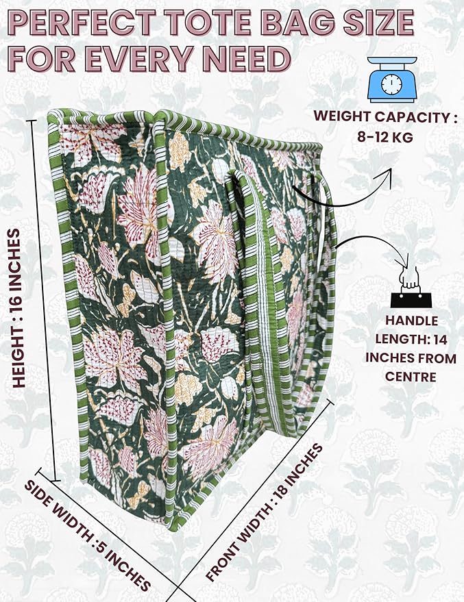 Cotton Quilted Tote Bag for Women – Large Beach & Travel Tote with Zipper, Reusable Grocery Bag