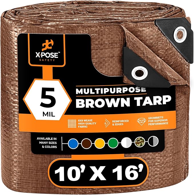 Multipurpose Protective Cover Brown Poly Tarp 10' x 16' - Durable, Water Resistant, Weather Resistant - 5 Mil Thick Polyethylene - by Xpose Safety