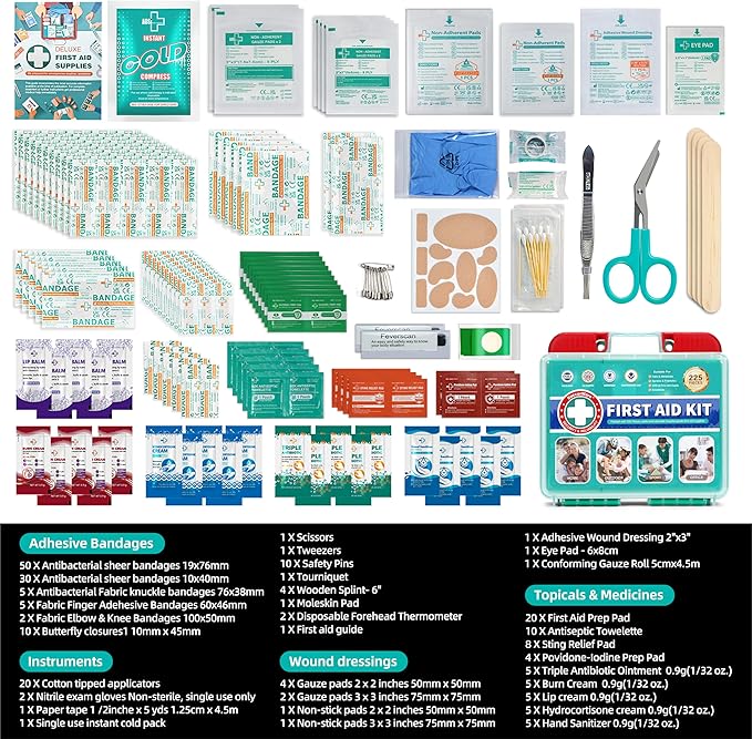 225 Pieces Portable First Aid Kit for Minor Wound Care, Includes Adhesive Bandages, Wound Gauze Pads, Ideal for Home, Car & On-The-Go