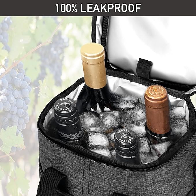 Opux Insulated Wine Tote, 4 Bottle Cooler Bag - Leakproof, Padded Portable Carrier for Travel, Picnic, BYOB - Gift for Wine Lovers (Charcoal Gray)