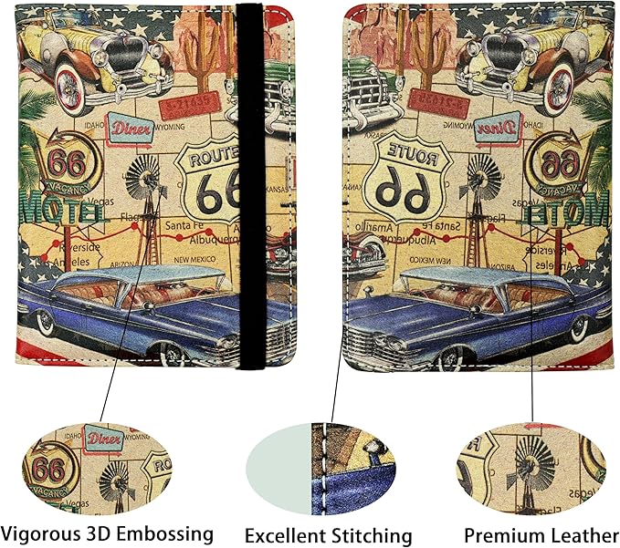 Passport Holder for Women and Men PU Leather Passport Cover for Travel (American Vintage Route 66)