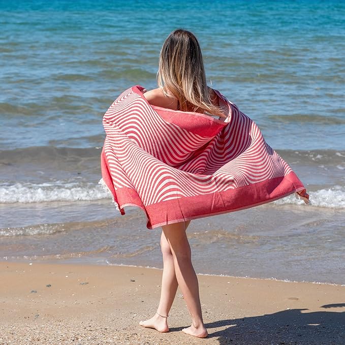 Turkish Beach Towel - 100% Organic Cotton - Soft, Quick-Dry, Sand Proof, Prewashed - Lightweight & Oversized for Beach, Pool, Yoga, Bath, Travel, Gym, Throw - Merlot (Red)