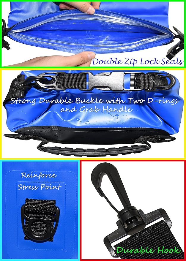 Freegrace Waterproof Dry Bags Set of 3 Dry Bag with 2 Zip Lock Seals & Detachable Shoulder Strap, Waist Pouch & Phone Case - Can Be Submerged Into Water (Navy Blue, 20L)