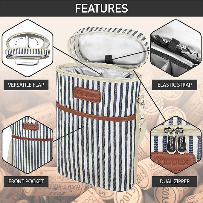 opux 2 Bottle Wine Carrier Tote, Insulated Leakproof Wine Cooler Bag, Wine Travel Bag for Picnic BYOB Beach, Portable Wine Bottle Carrying Case, Gift for Wine Lover Women Men Christmas,Stripe