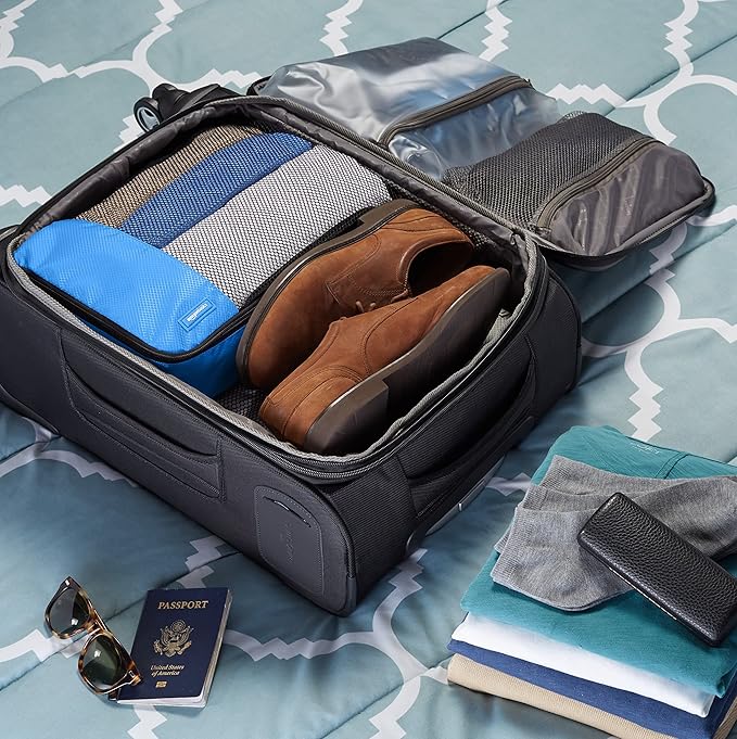 Amazon Basics Medium Packing Cubes for Travel, Packing Organizers, 4-Piece-Set With Double Zipper Pulls and Mesh Top Panel, 100% Durable Polyester, Sky Blue, 13.8"L x 9.8"W x 3"H