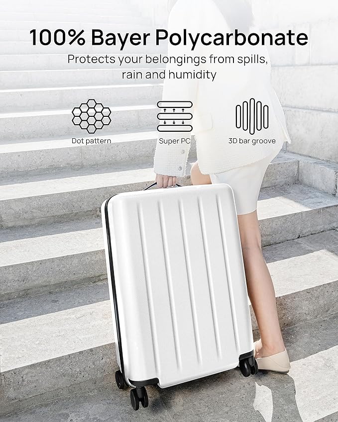 Carry On Suitcase, 20 Inch Carry-On Luggage with Double Spinner Wheels, Dry Wet Separate Design, PC Hard Case Suitcase, Lightweight Travel Luggage, TSA Approved (Solid White, Danube)