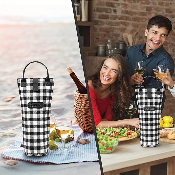 OPUX Wine Bag Single Bottle Carrier Tote, Insulated Travel Wine Cooler Bag for Picnic Beach Gift, Thermal Padded Portable One Bottle Holder Carrying Case for Women Men Wine Lovers, Plaid Buffalo White